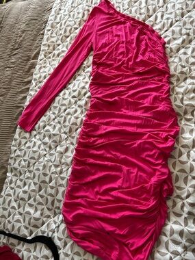 SHEIN One-Shoulder Ruched Bodycon Dress - Fuchsia Pink